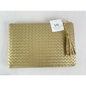 Virginia Wolf Woven Pouch Metallic Gold Faux Leather Clutch w/Tassel Purse NWT